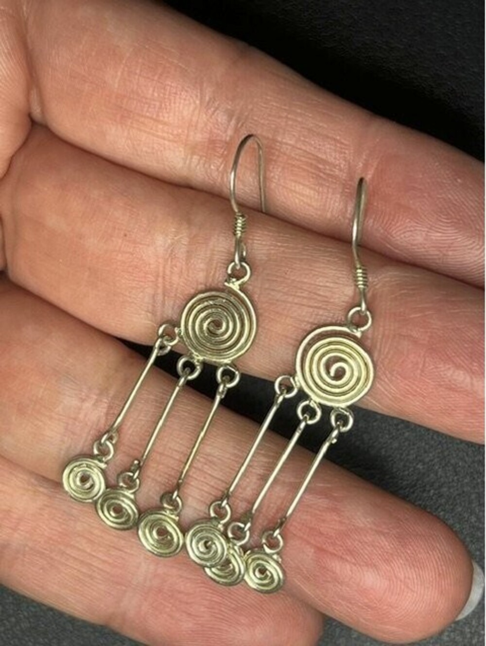 B7391 Vintage Artisan Spiral Dangle Earrings Sterling Silver Handcrafted Wire 2"